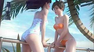 D.Va with the addition of Tracer on Vacation Overwatch (Animation W/Sound)